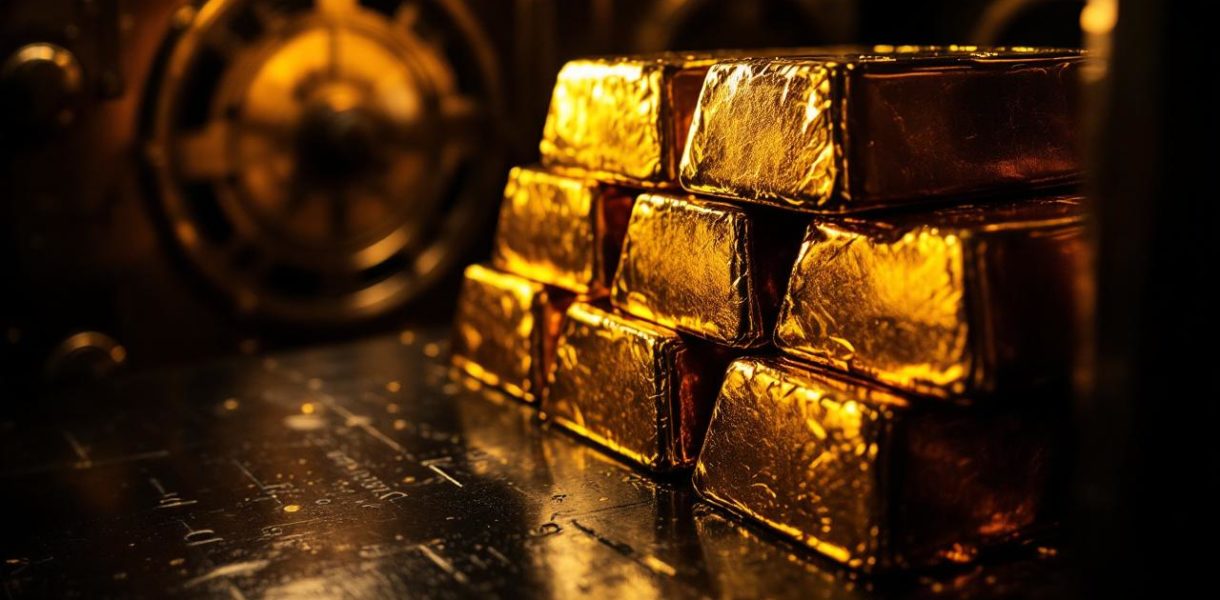 Des barres d'or empilées dans un coffre-fort, mettant en évidence leur brillance métallique et le cadre sécurisé d'un environnement de banque.