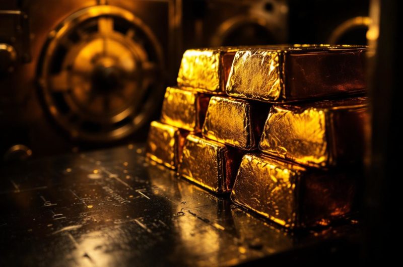 Des barres d'or empilées dans un coffre-fort, mettant en évidence leur brillance métallique et le cadre sécurisé d'un environnement de banque.