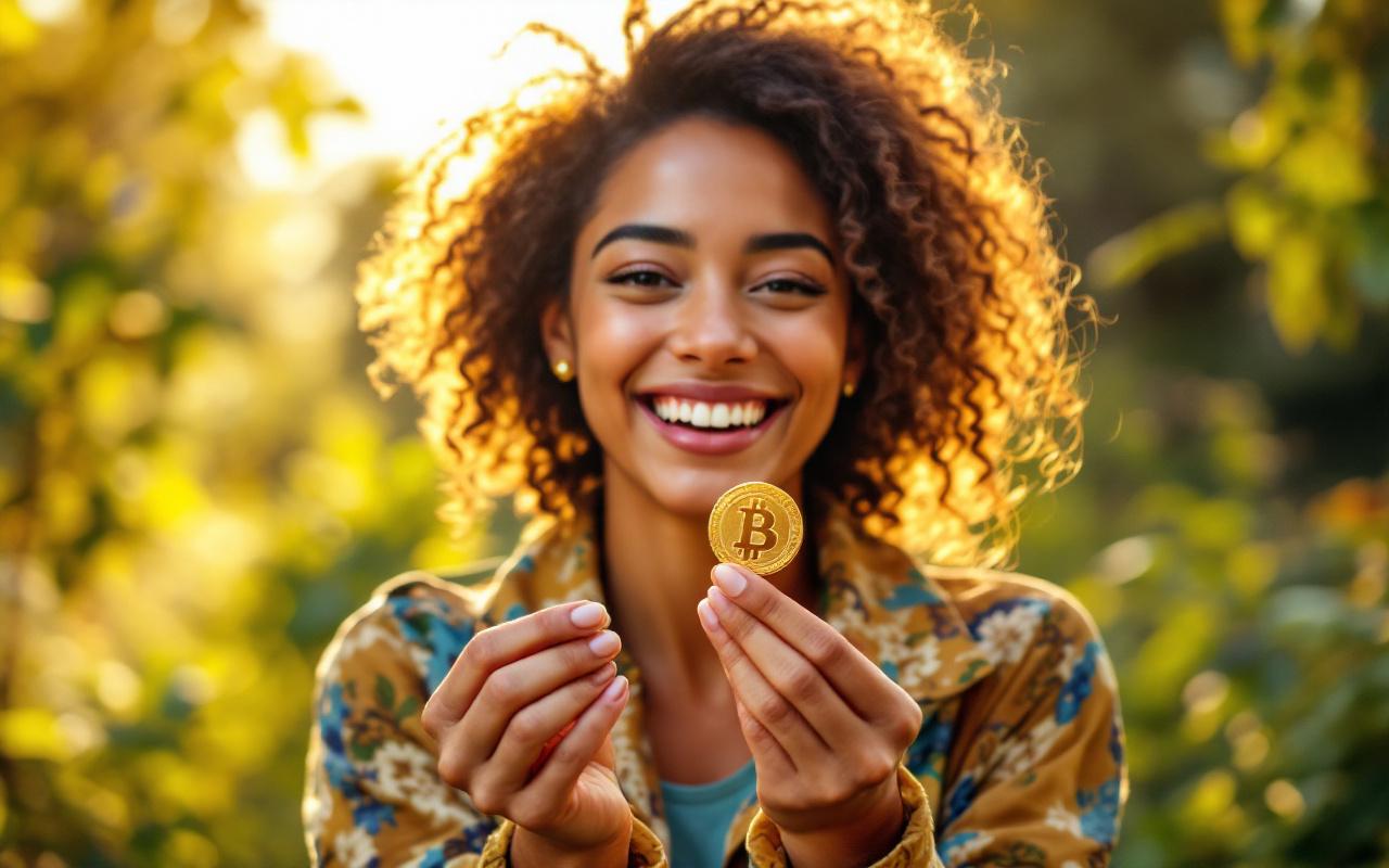 Une personne souriante tenant une pièce en or, dans un cadre naturel, entourée de verdure et de soleil filtrant à travers les feuilles.