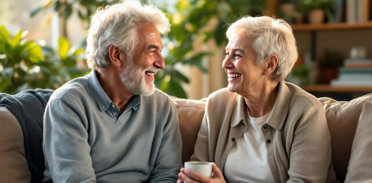 un-couple-age-discutant-dans-un-salon-confortable-avec-une-lumiere-chaleureuse-et-des-plantes-vertes-en-arriere-plan-exprimant-de-la-joie-et-de-lengagement