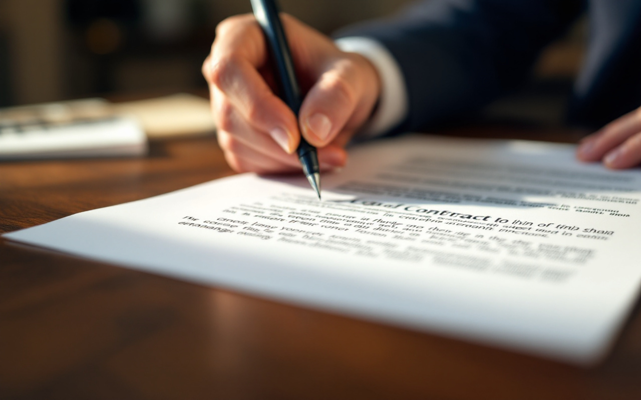 Une main qui écrit sur un contrat juridique, mettant en évidence le mouvement du stylo sur le papier blanc dans un bureau bien éclairé.