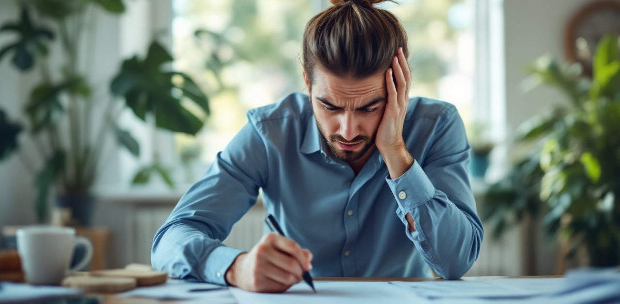 une-personne-nerveuse-en-train-de-signer-un-document-dans-un-bureau-lumineux-avec-une-expression-stressee-et-des-papiers-eparpilles-sur-le-bureau